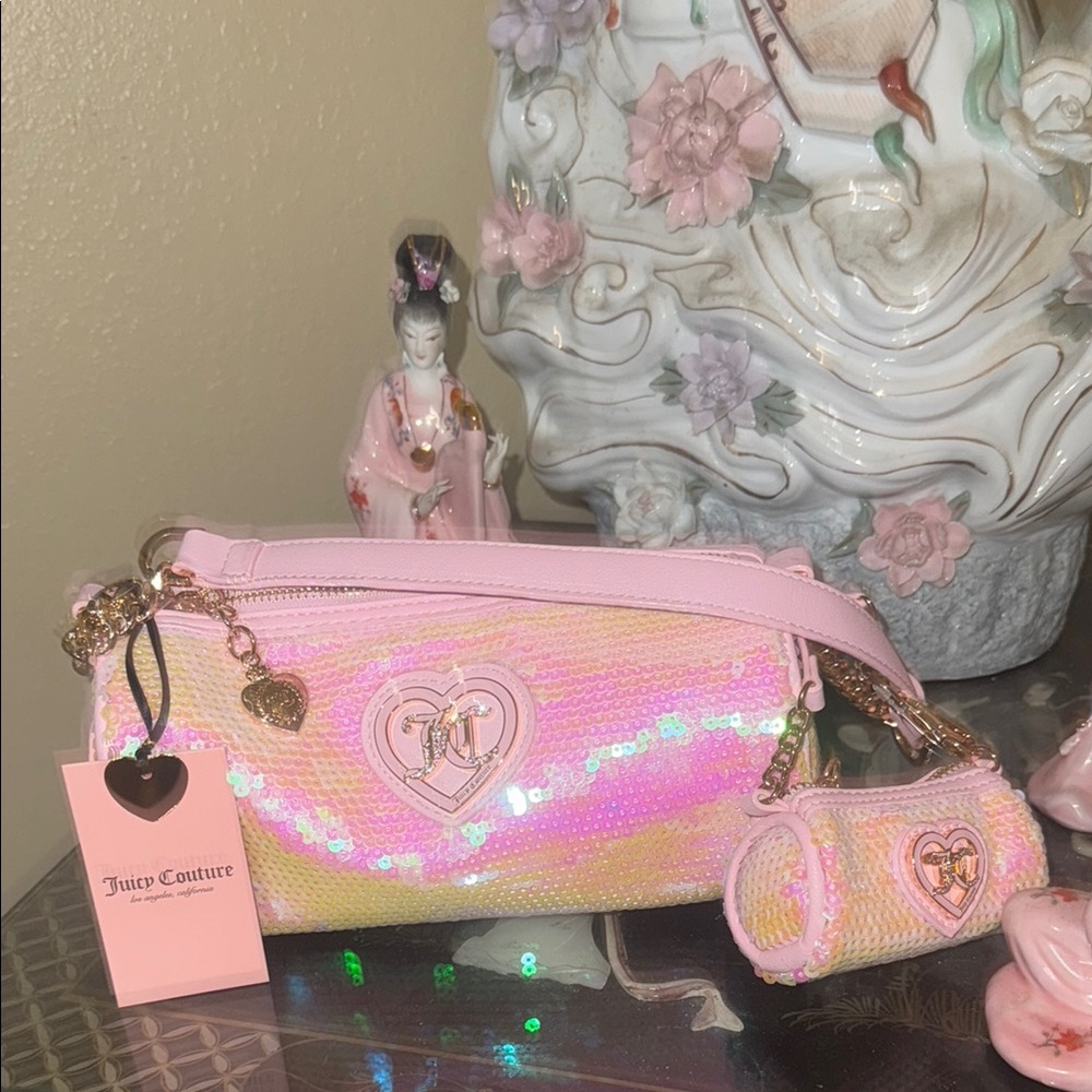 VIRAL Juicy Couture Pink and Gold Sequin barrel bag purse Pouch Set